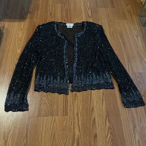 Stenay Vintage Black Beaded Sequin Open Silk Cardigan Size 10 Formal Retro